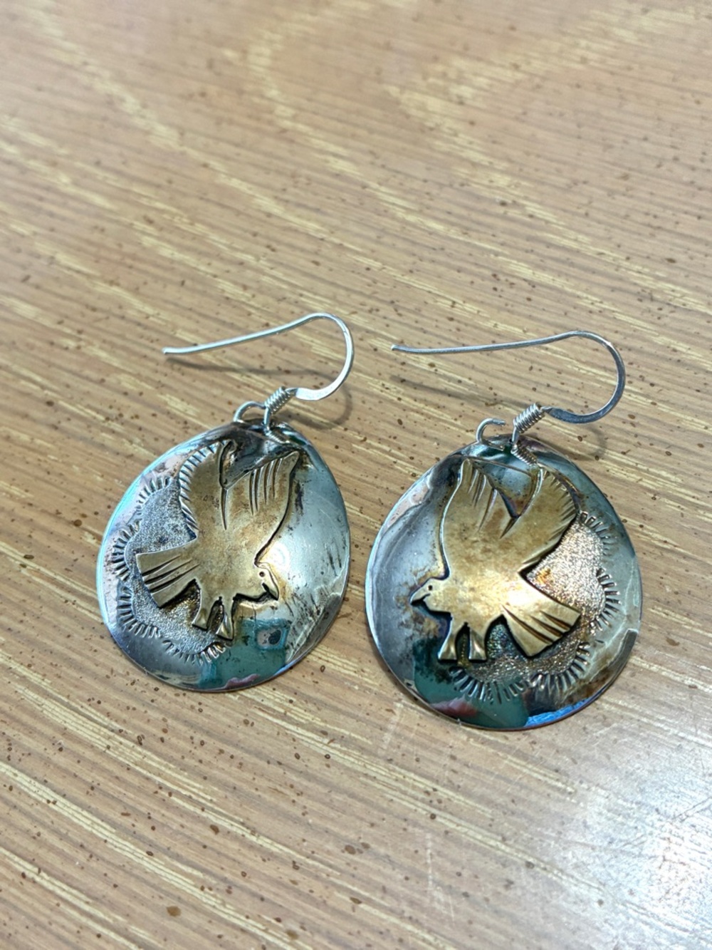 Native American Sterling and Gold Eagle Earrings Signed